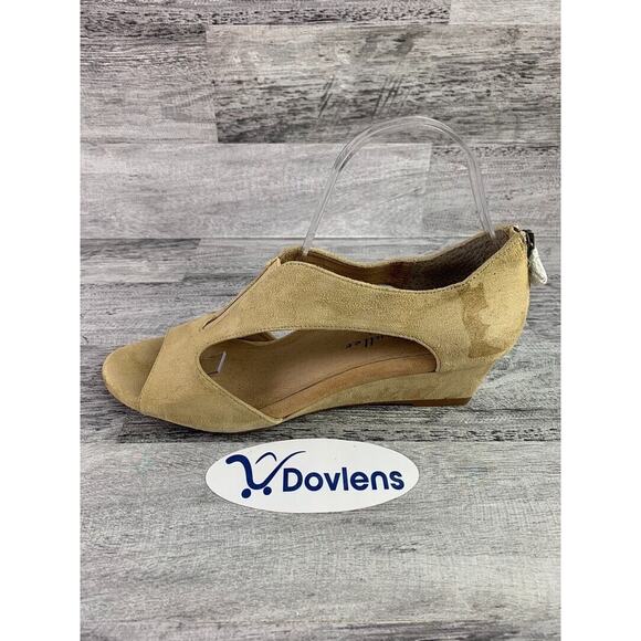 Bettye Muller Taupe Suede Womens Peep-Toe Wedge Sandals Size 8.5 - Picture 4 of 8